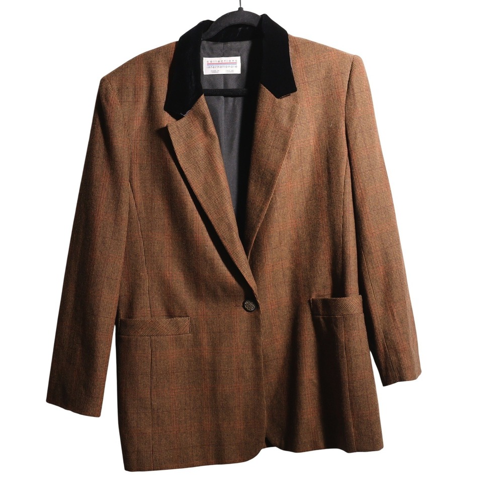VTG Wool Blend Plaid Velvet Collar Womens Blazer Equestrian Heritage Academia 12